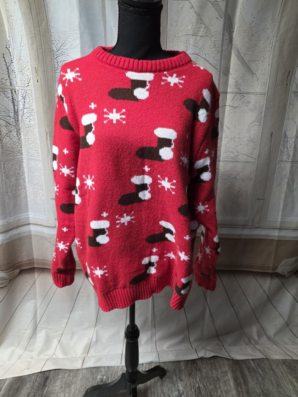 Kohl's Red Crewneck Holiday Sock-Print Sweater